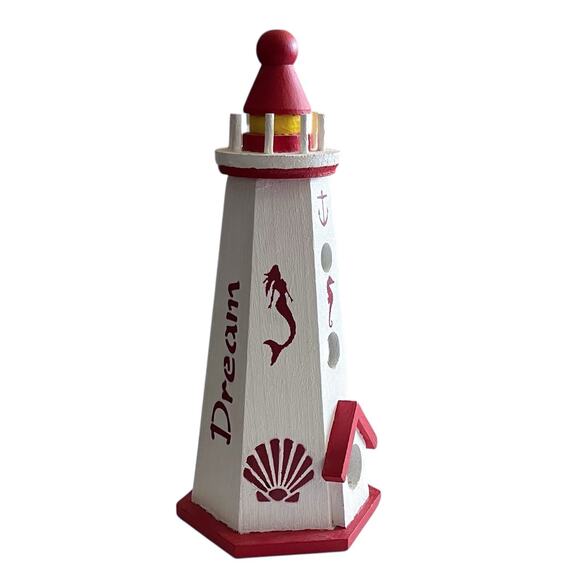 Handmade Red & White Painted Wooden Lighthouse Bird House 10.5" x 4.75" - Picture 3 of 9